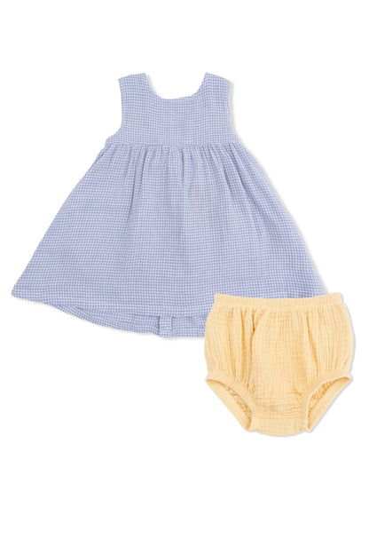 Blue gingham sleeveless dress with yellow bow and matching bloomers