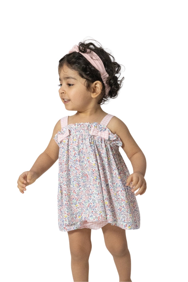 Toddler ruffle top with bow straps and matching bloomers, ditsy floral print