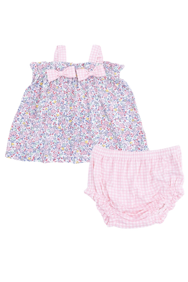 Ruffle shoulder top with bow detail and matching pink gingham bloomers