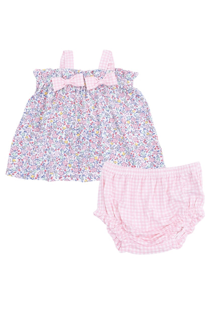 Ruffle shoulder top with bow detail and matching pink gingham bloomers