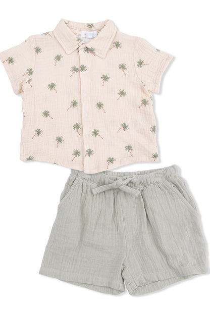 Polo button-up shirt and casual shorts set, cream palm print, gray shorts