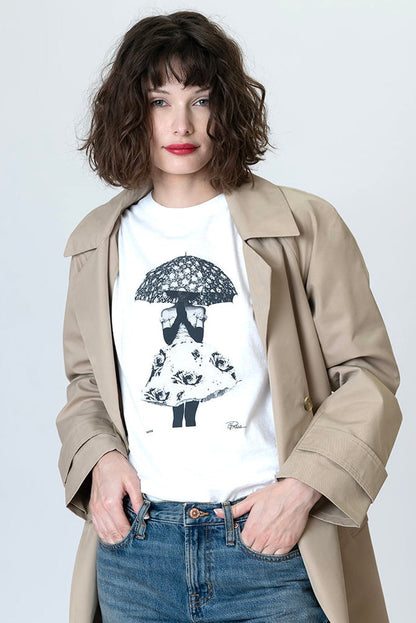 White T-shirt graphic with umbrella over cat, short sleeves