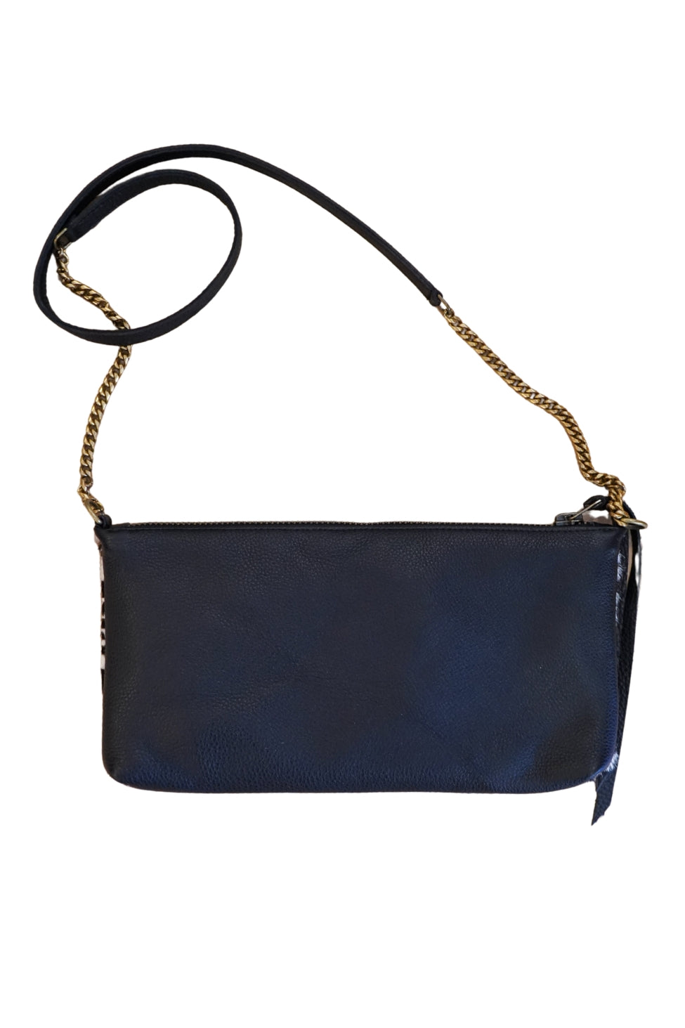 Black leather handbag with a gold chain strap and thin zebra stripe on edges on a white background