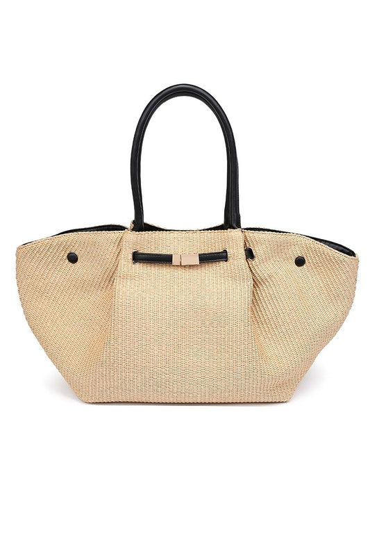 Woven straw Kaia tote bag with black top handles and front clasp, Natural/Black