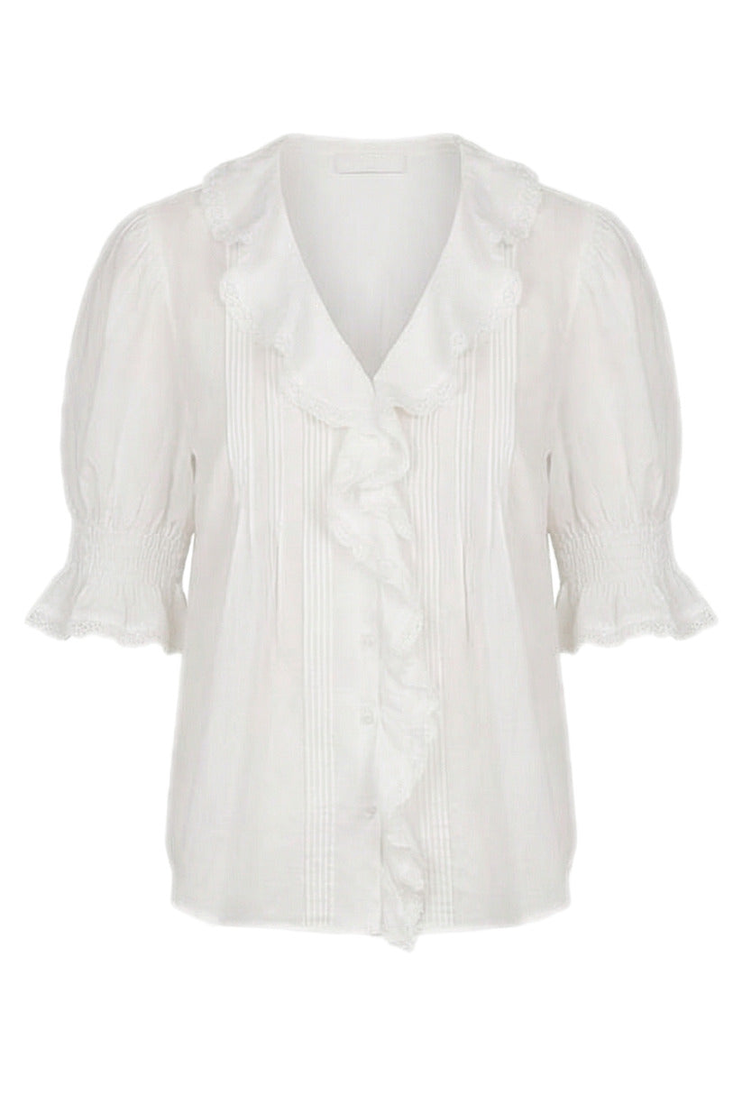 White blouse with ruffled sleeves on a white background