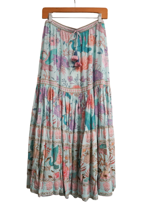 Floral tiered skirt with V-shaped waistband detail and gathered ruffle tiers, multicolor