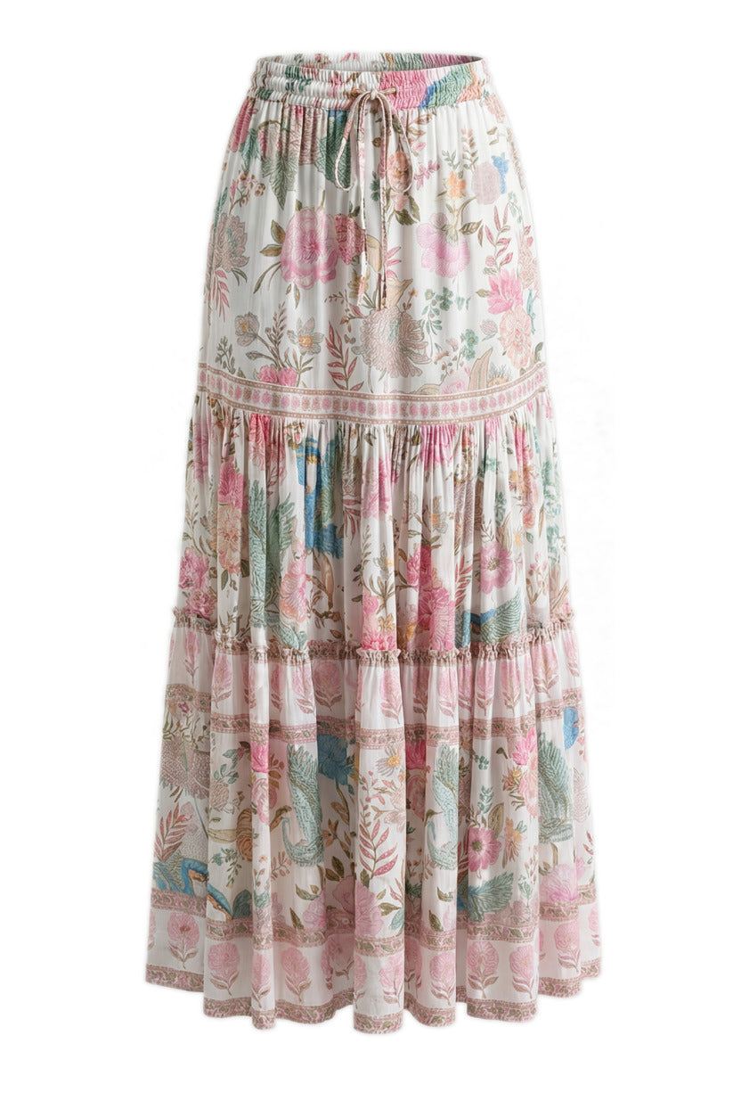 Floral tiered maxi skirt with elastic waistband and gathered ruffle panels, light background