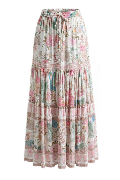 Floral tiered maxi skirt with elastic waistband and gathered ruffle panels, light background