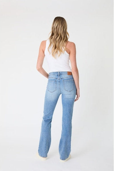 Mid-rise bootcut jeans in light blue wash, five-pocket design with back yoke