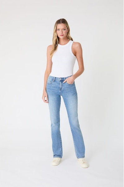 Mid-rise bootcut jeans, light blue wash with five-pocket styling and belt loops