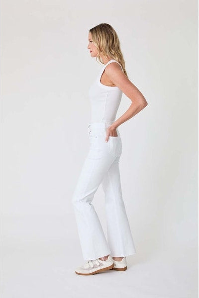 Stillwater white flare jeans, side view