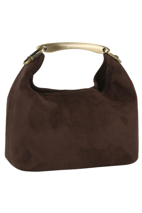 Coffee brown suede hobo crossbody bag with curved top handle and gold hardware