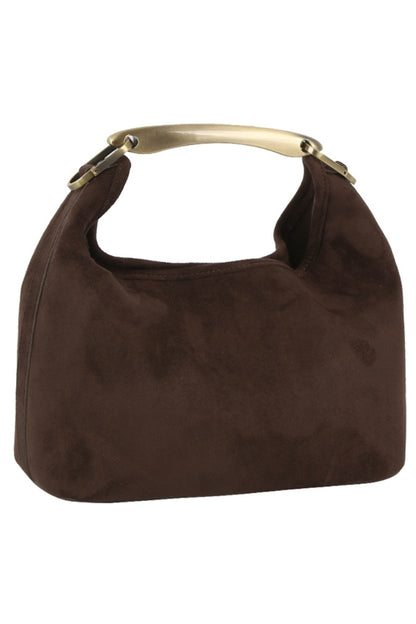 Coffee brown suede hobo crossbody bag with curved top handle and gold hardware