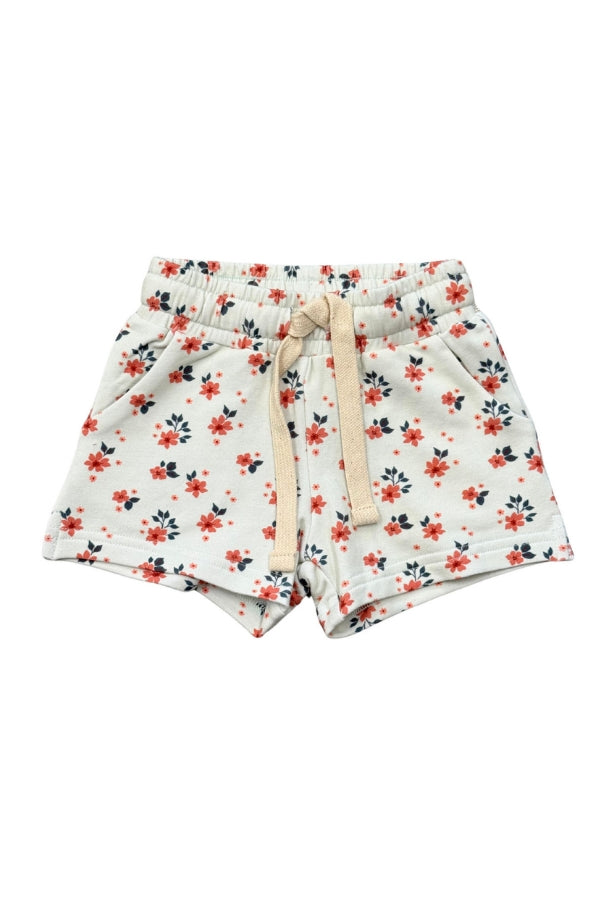 Girls floral shorts, white with red and blue flower print, elastic waist and drawstring