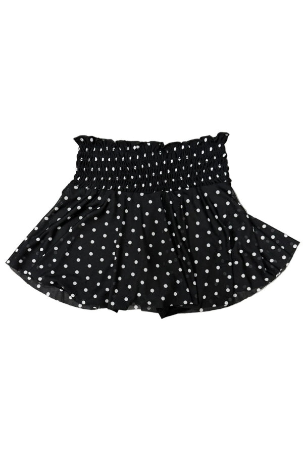 Black mesh skort with white dots, ruched elastic waistband and pleated skirt