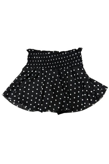 Black mesh skort with white dots, ruched elastic waistband and pleated skirt