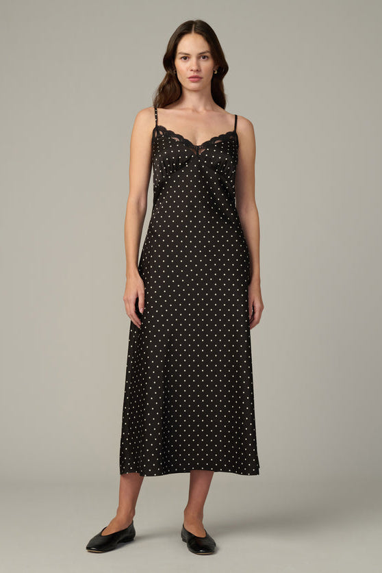 THE INES SLIP DRESS schwarz mit Punkten, Spaghettiträgern, Midikleid