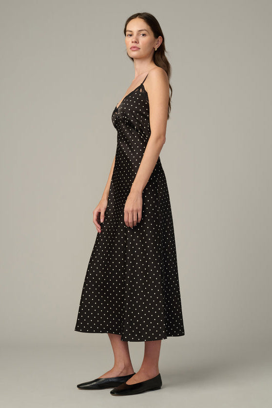 THE INES SLIP DRESS schwarz mit Punkten, ärmellos, Midikleid Seitenansicht