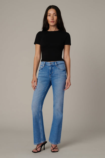 Petite light-wash bootcut jeans with five pockets, zip fly, and subtle whiskering