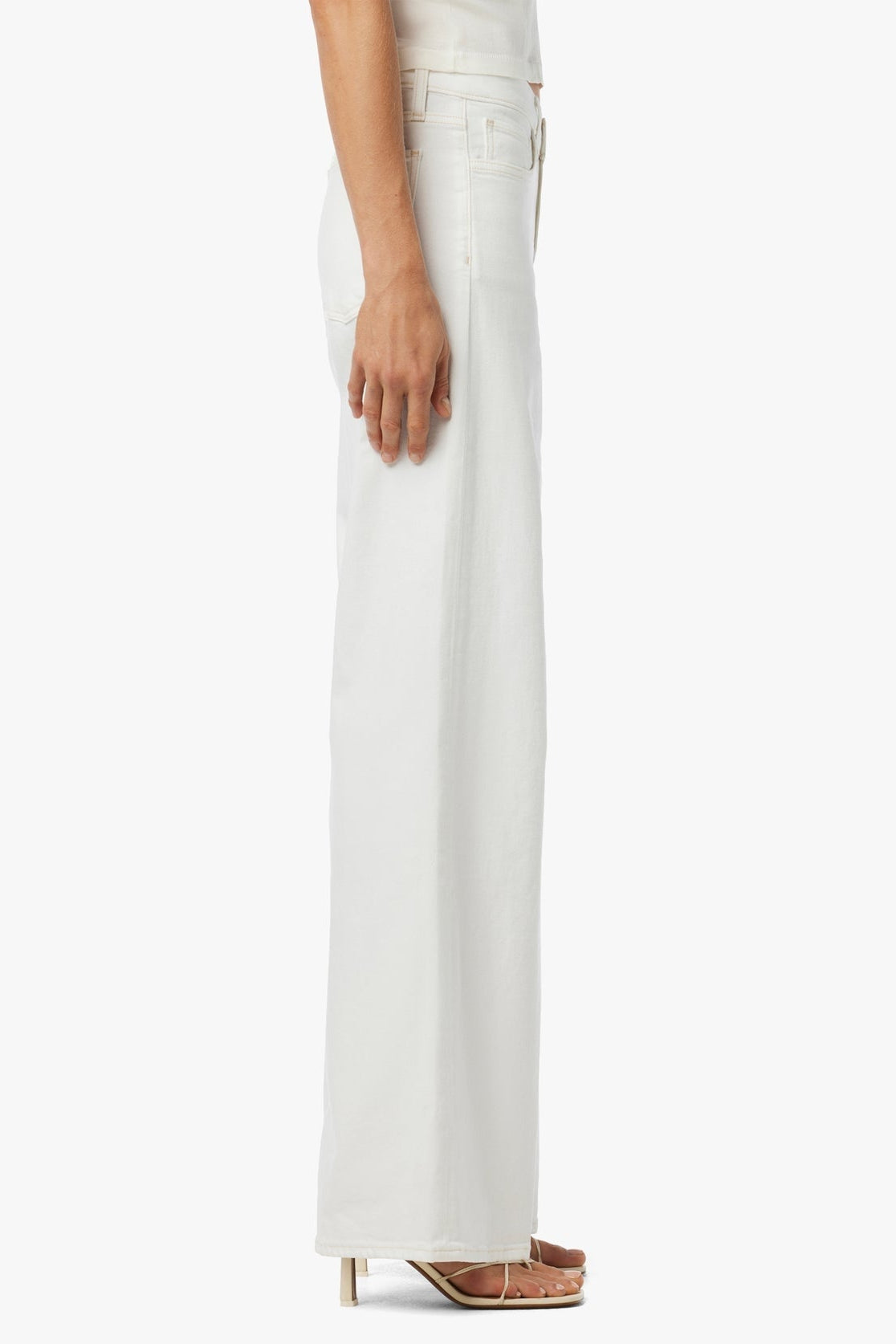 White low-rise wide-leg jeans side view with stitched seams