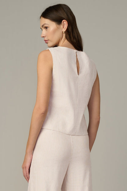 Back of boat neck shell top, sleeveless light cream micro stripe with keyhole