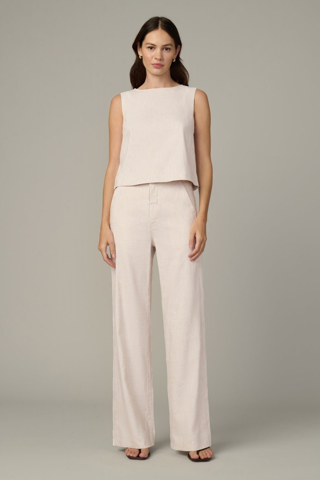 Boat neck shell top and wide-leg pants, light cream micro stripe set