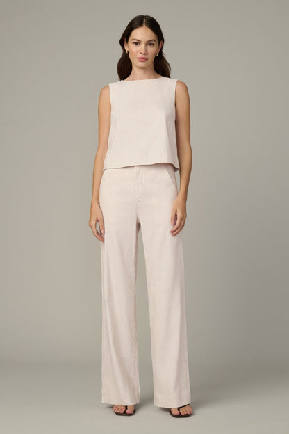 Boat neck shell top and wide-leg pants, light cream micro stripe set