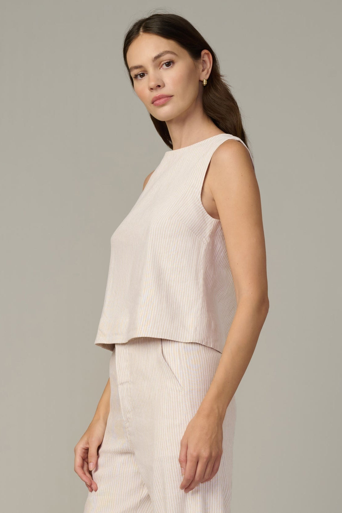 Boat neck shell top, light cream micro stripe, sleeveless with boat neckline