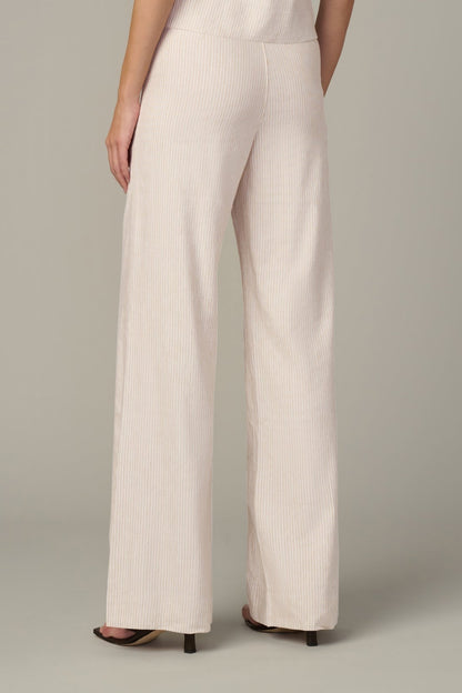 Cream micro-stripe wide-leg trousers with back seam and long straight legs