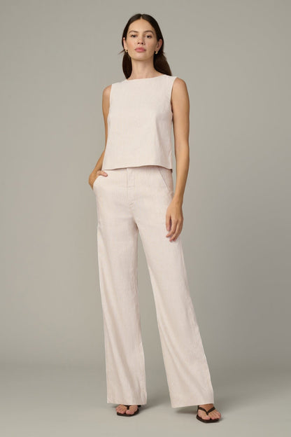 Cream micro-stripe high-rise wide-leg trousers with front crease and wide straight cut