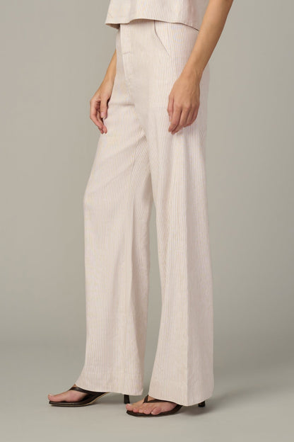 Cream micro-stripe wide-leg trousers with side pleats and relaxed straight hem