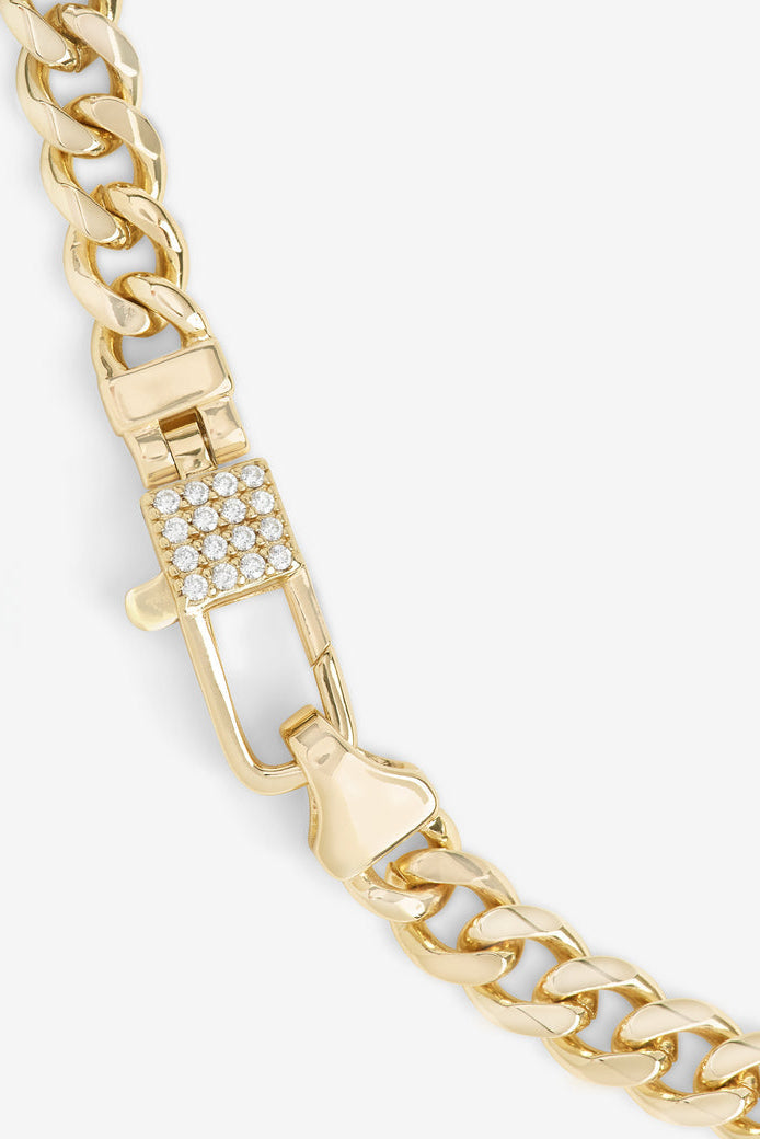 Gold pavé lock necklace link detail with square crystal-set panel
