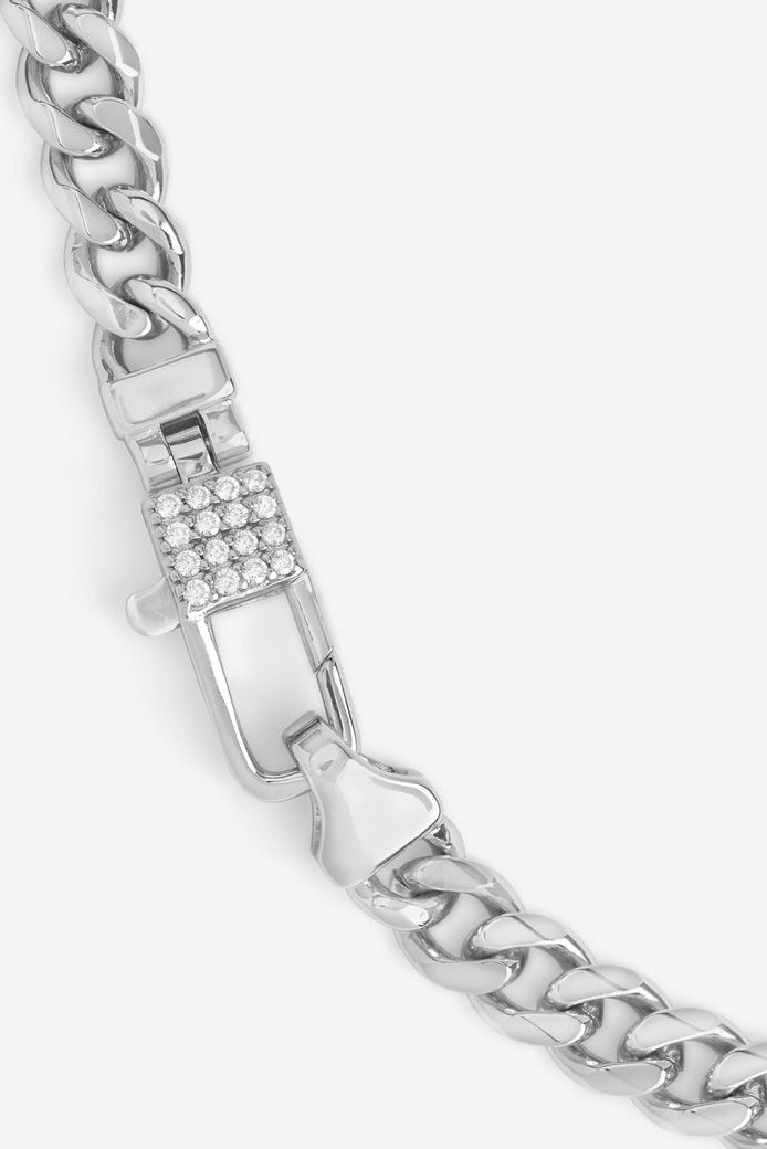 Silver pavé lock necklace link detail with square crystal-set panel