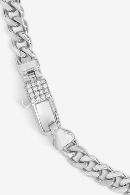 Silver pavé lock necklace link detail with square crystal-set panel