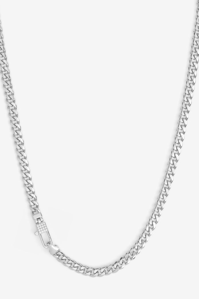 Silver-tone curb chain necklace with pavé lock detail at center