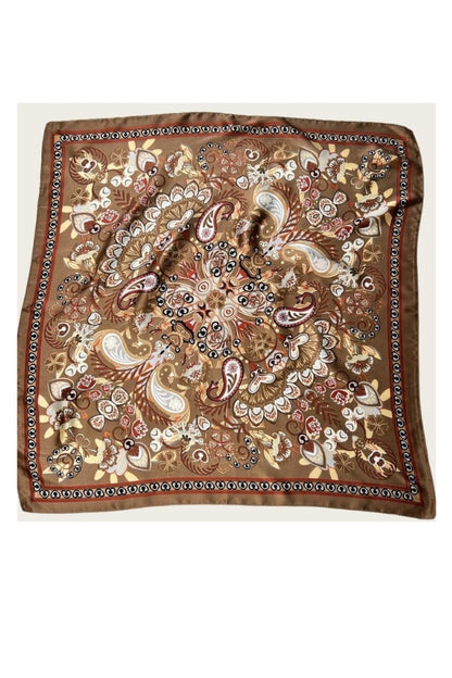 Vintage silky scarf, brown ornate paisley floral print with patterned border