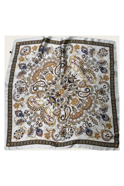 Vintage silky scarf, cream with blue-toned paisley florals and decorative border