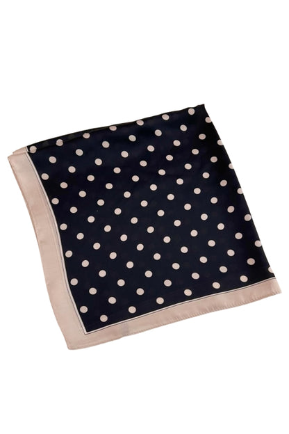 Black polka-dot silky scarf with beige border and dots