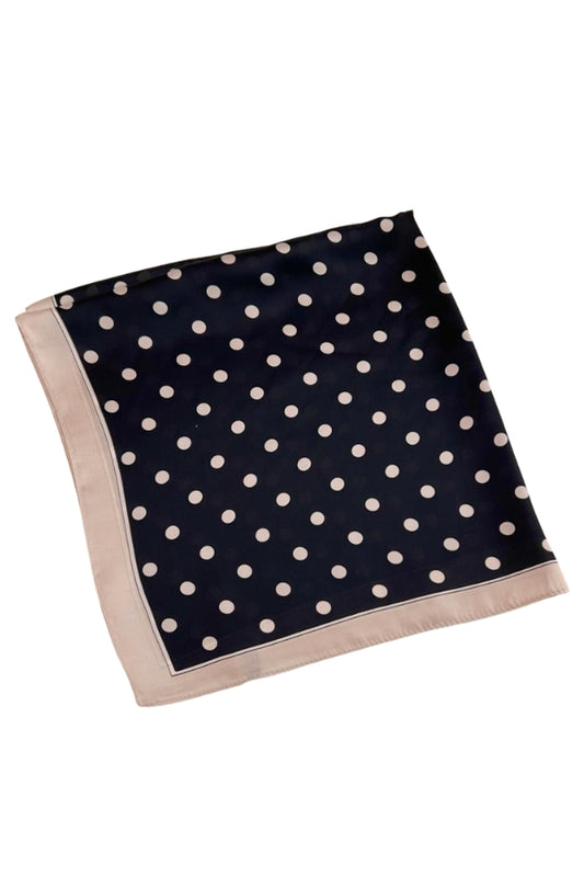 Black polka-dot silky scarf with beige border and dots