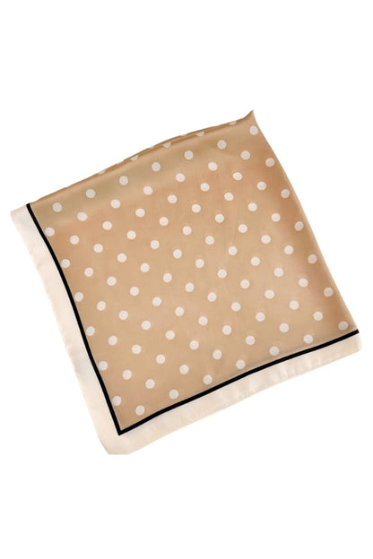 Khaki polka-dot silky scarf with white dots and dark edge