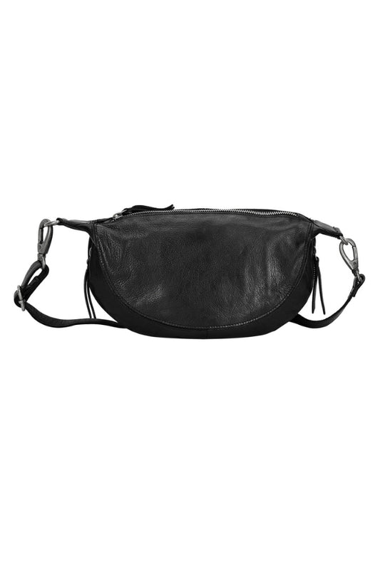 Black Leather Crossbody Sling bag on white background