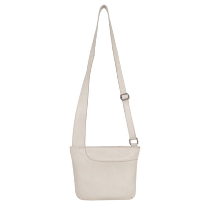 Light beige leather crossbody bag with adjustable shoulder strap