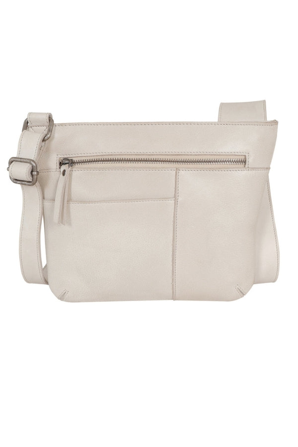 Oat leather crossbody bag with zip top, front pocket panel, adjustable strap