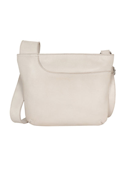 Light beige leather crossbody bag with adjustable strap and front pocket