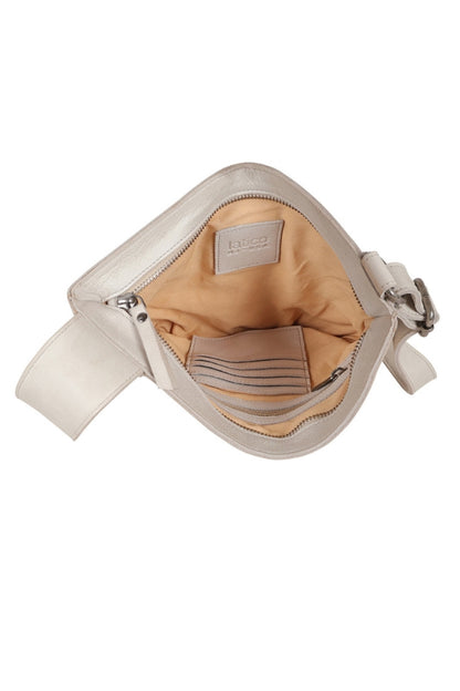 Leather crossbody bag interior with tan lining, zip closure, and slip card slots