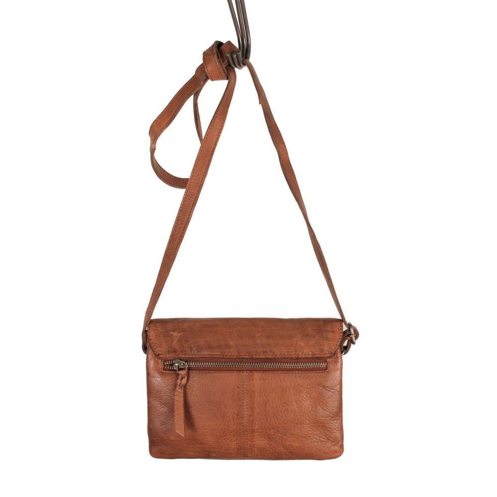 Cognac leather crossbody bag with front zip pocket and long shoulder strap