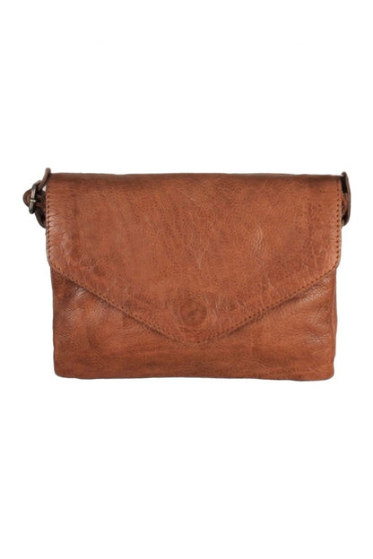 Cognac leather crossbody bag with top flap and adjustable strap