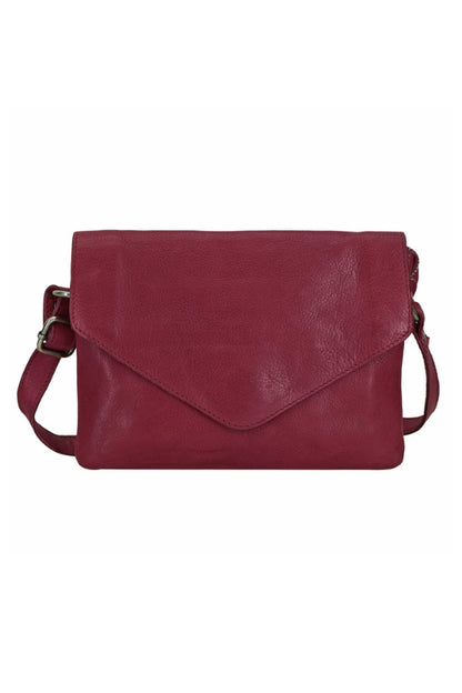 Oxblood leather crossbody bag with top flap and adjustable shoulder strap