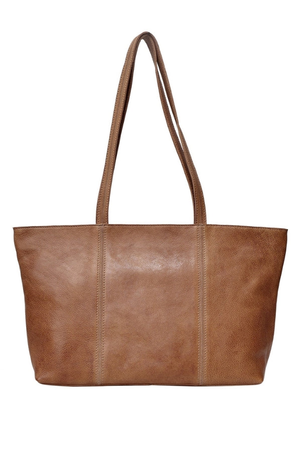 Cognac leather tote bag with two top handles and structured front panel