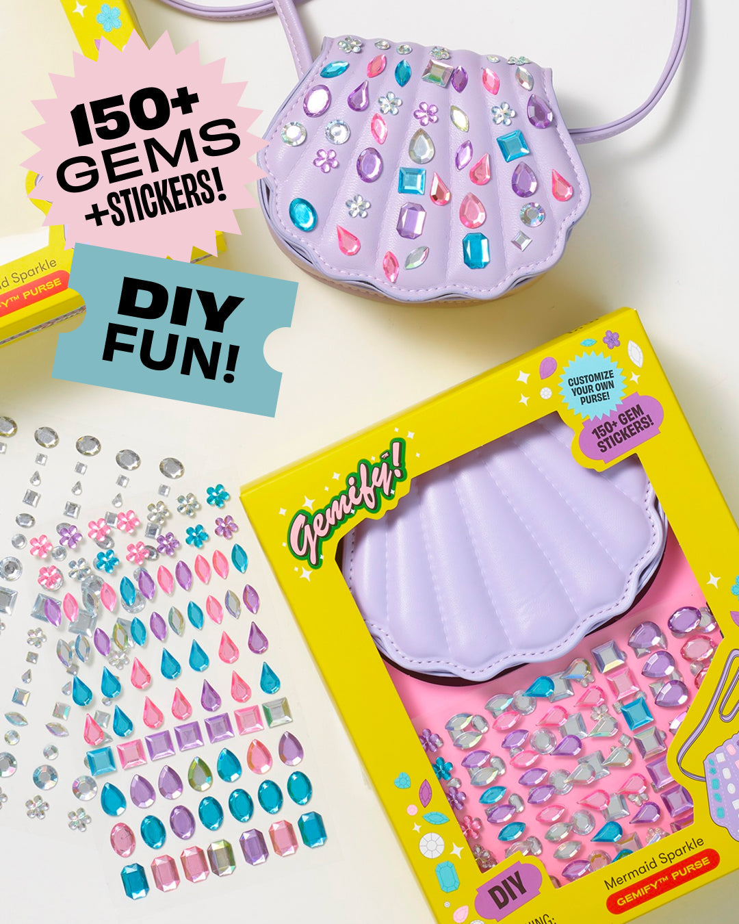 Lavender DIY gem purse with colorful jewel stickers, shown with gem sheets
